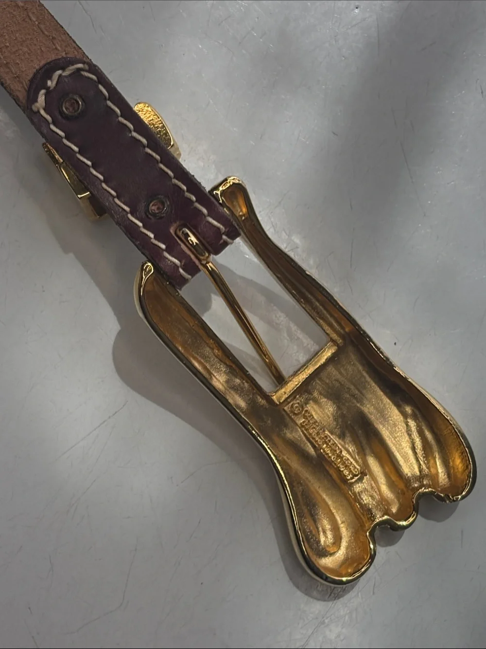 VTG 1983 Calderon Brown Leather Belt with Gold-Tone Sculpted Buckle